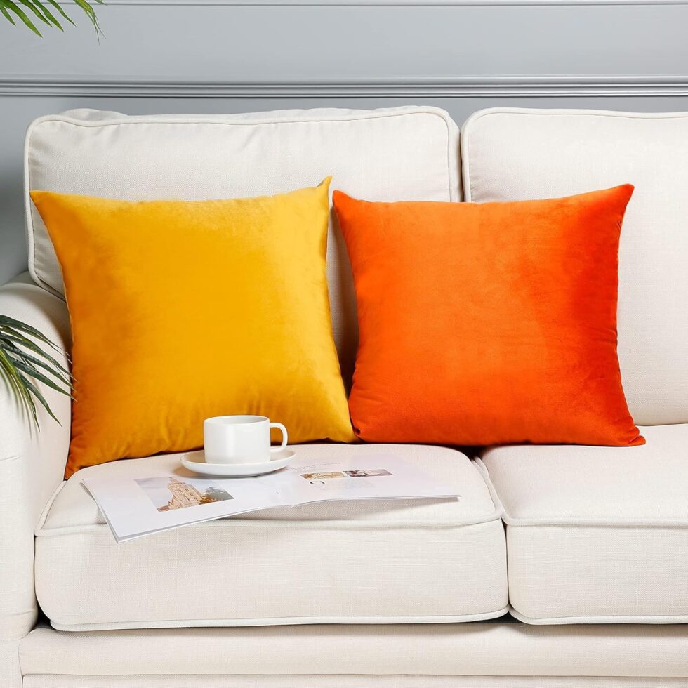 MZPSO Velvet Super Soft Solid Decorative Square Throw Pillows Covers 18 x 18 Inch Set Cushion Case for Sofa Bedroom Car 45 x 45 cm Pack of 2, Orange Yellow