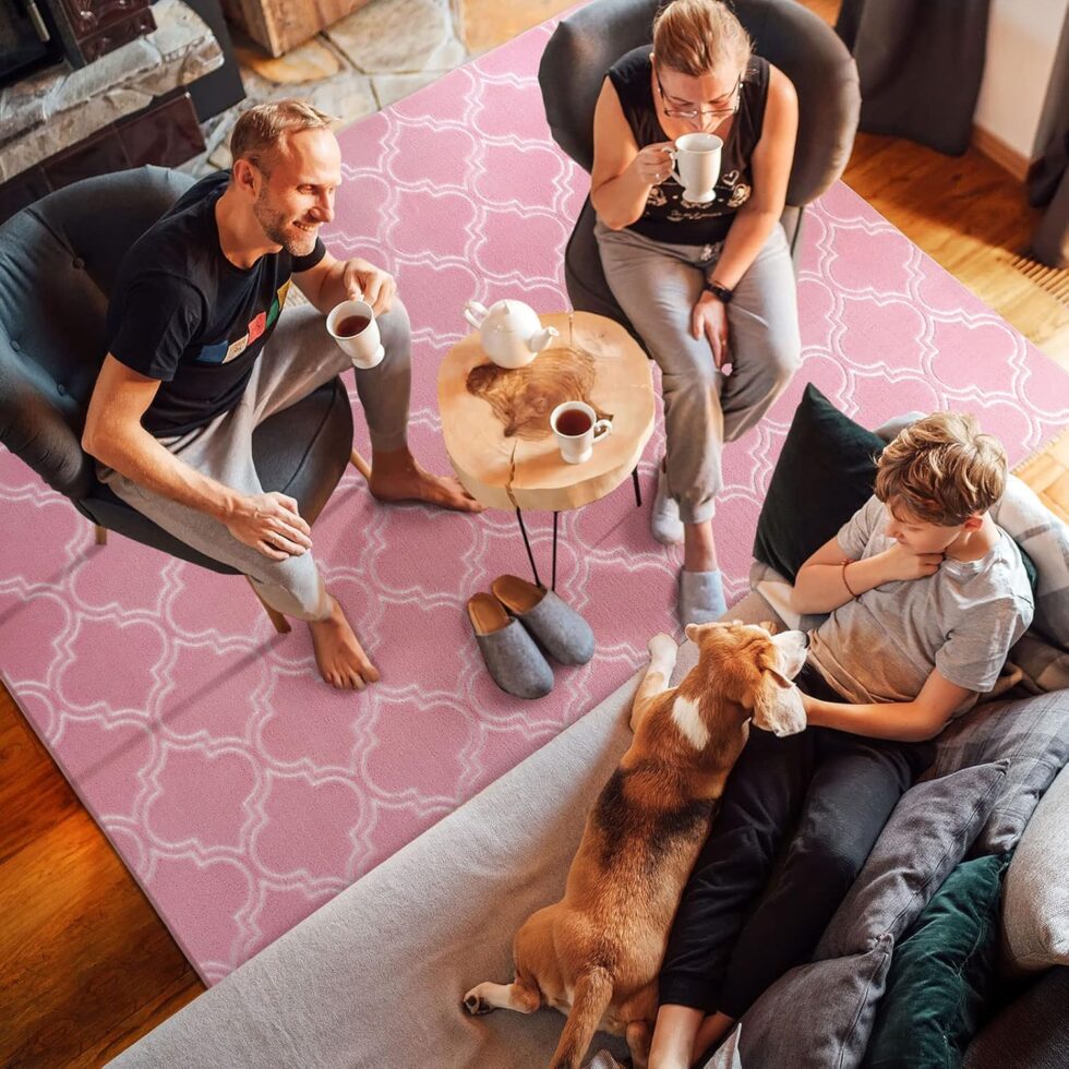 Amearea Fluffy Indoor Trellis Rug, Soft Moroccan Home Rugs for Bedroom, Shag Modern Area Rug for Living Room Kids Room Nursery, Easy Clean, Geometry Home Decor Low Pile Carpet, Pink 4x6 Feet