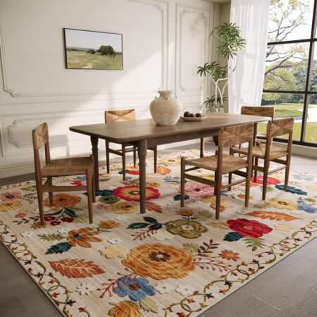 Machine Washable Area Rugs for Bedroom: 5'x7' Living Room Rug Floral Vintage Large Rug Stain Resistant Non Slip Low Pile Faux Wool Soft Rugs for Dining Room Bedside Kitchen Entryway Nursery Office