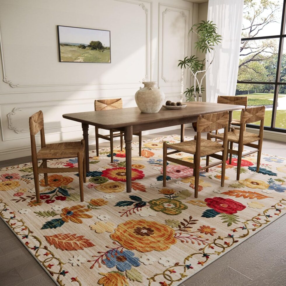 Machine Washable Area Rugs for Bedroom: 5'x7' Living Room Rug Floral Vintage Large Rug Stain Resistant Non Slip Low Pile Faux Wool Soft Rugs for Dining Room Bedside Kitchen Entryway Nursery Office