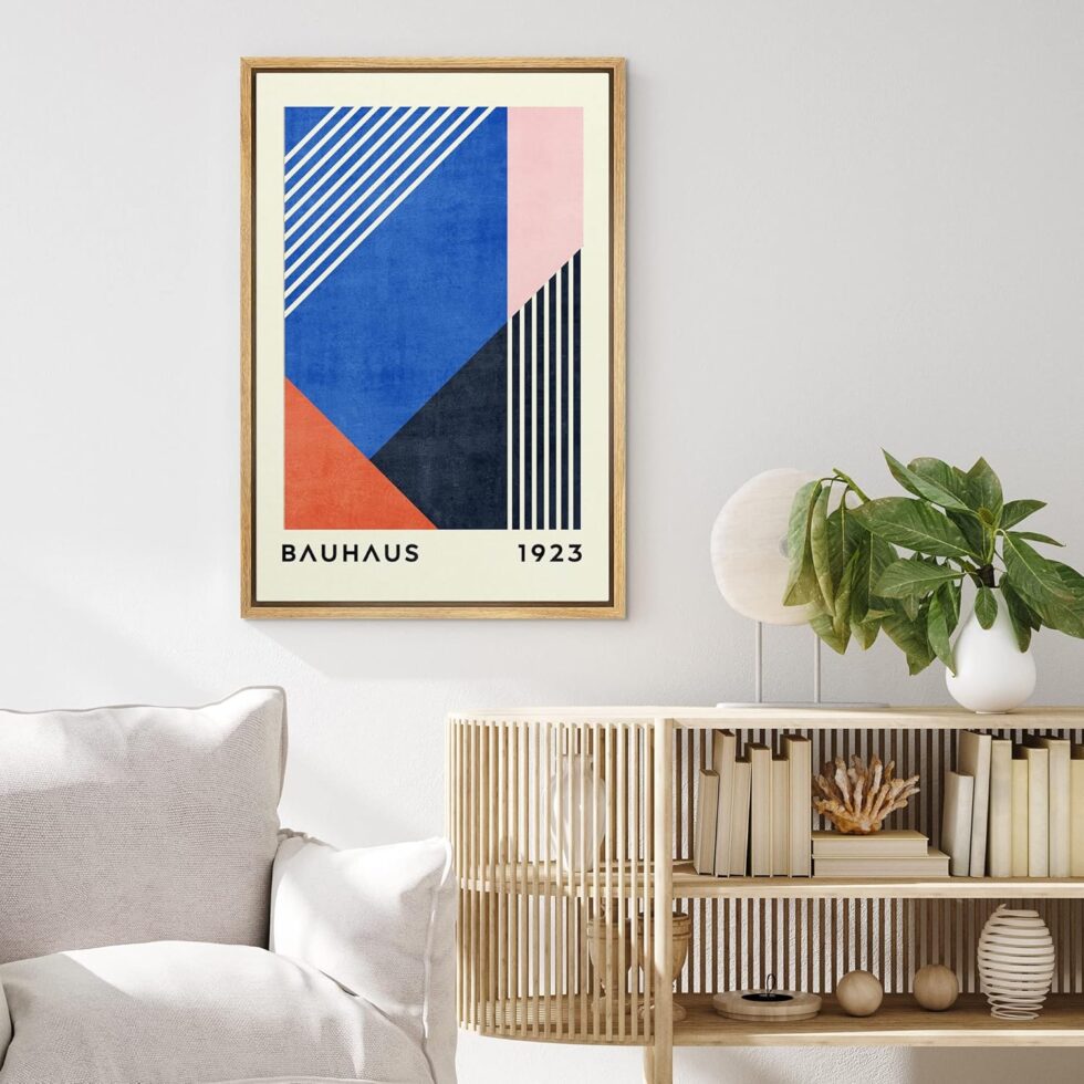 MUDECOR Framed Canvas Print Wall Art Blue Pink Orange Geometric Bauhaus Collage Abstract Shapes Illustrations Fine Art Mid-Century Modern Multicolor for Living Room, Bedroom, Office - 16"x24" Natural