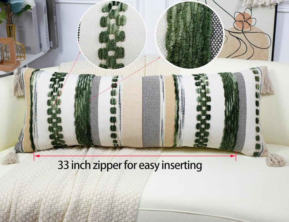 PANOD Boho Long Lumbar Throw Pillow Cover 14 x 36 Dark Green, Chenille Morocan Extra Long Pillow Case Cover, Decorative Long Pillow for Bed Couch Sofa Farmhouse