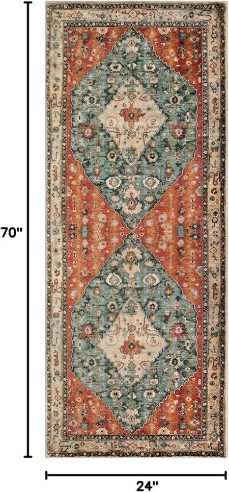 Lahome Boho Tribal 2x6 Washable Runners for Hallways Non Slip, Bohemian Kitchen Mats for Floor, Vintage Low-Pile Bathroom Entryway Carpet Runner for Laundry Living Bedroom (Rust/Dull Teal,2x6ft)