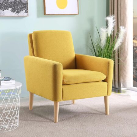 Lohoms Modern Accent Chair for Families, Linen Fabric Upholstered Comfy Armchair for Living Room, Bedroom, Apartment, Waiting Area, Mid-Century Modern Chair with Wood Legs, Mustard Yellow