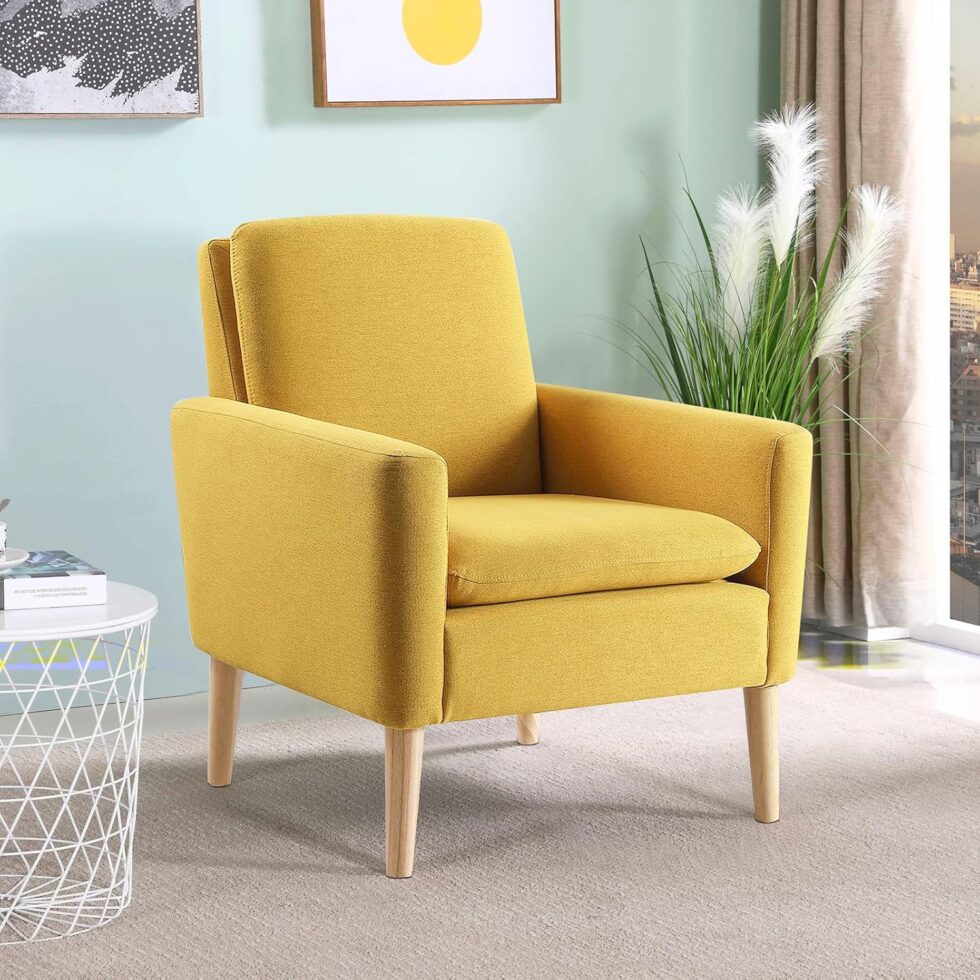 Lohoms Modern Accent Chair for Families, Linen Fabric Upholstered Comfy Armchair for Living Room, Bedroom, Apartment, Waiting Area, Mid-Century Modern Chair with Wood Legs, Mustard Yellow