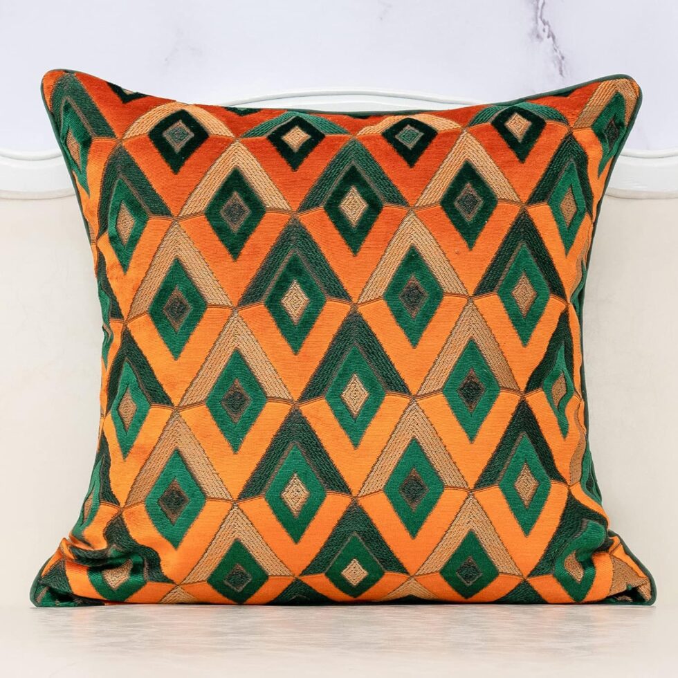 Alerfa Square Pillow Geometric Plaid Embroidery Cut Velvet Cushion Case Luxury Modern Throw Pillow Cover Decorative Pillow for Couch Sofa Living Room Bedroom Car 18 x 18 Inch Teal Orange
