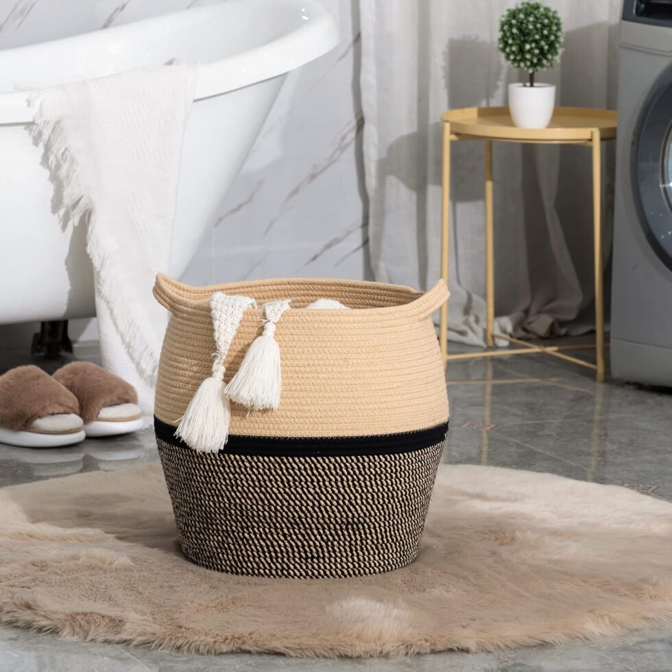 KAKAMAY Woven Baskets for Storage(17"x17"),Large Cotton Rope Woven Baby Laundry Hamper,Collapsible Laundry Basket, Blanket Basket for Organizing Living Room,Nursery,Clothes,Toy chest (Black)