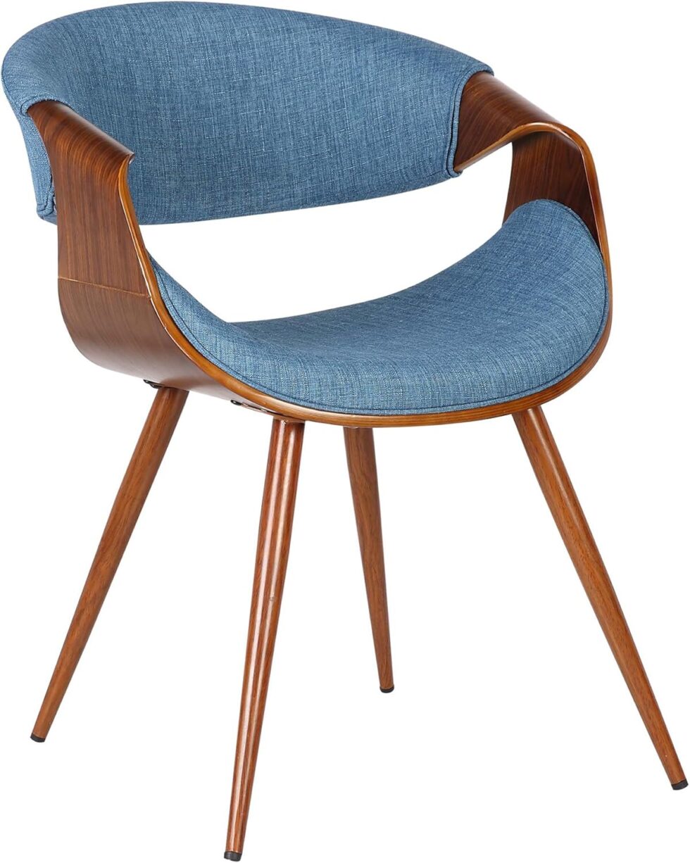 Armen Living Butterfly Mid-Century Dining Chair in Walnut Finish and Blue Fabric
