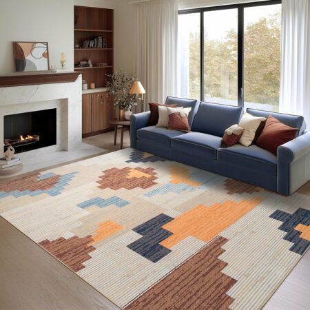 Phantoscope Modern Area Rug 6'x9' – Abstract Tribal Motif Geometric Blocks Pattern, Washable Non-Slip Rugs for Living Room, Bedroom, Dining Room, Vintage Low-Pile Floor Carpet, Warm Terracotta/Cream
