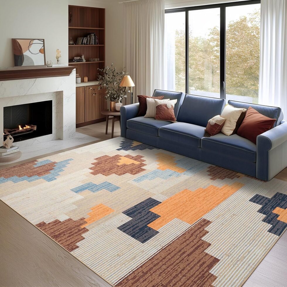 Phantoscope Modern Area Rug 6'x9' – Abstract Tribal Motif Geometric Blocks Pattern, Washable Non-Slip Rugs for Living Room, Bedroom, Dining Room, Vintage Low-Pile Floor Carpet, Warm Terracotta/Cream