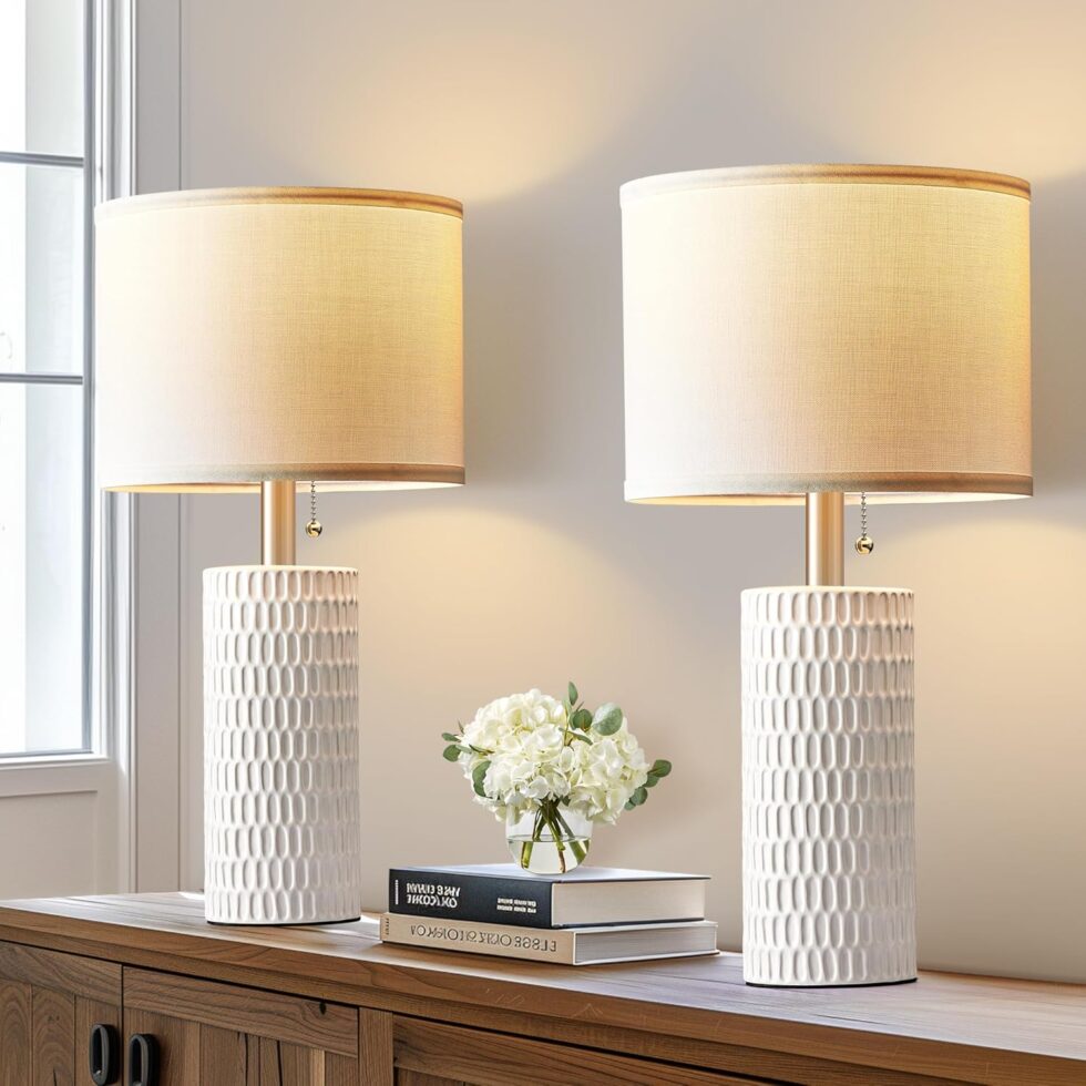 Table Lamps for Living Room Set of 2, Ceramic Table Lamps for Bedroom, 20" Modern Lamps for Night Stands, White