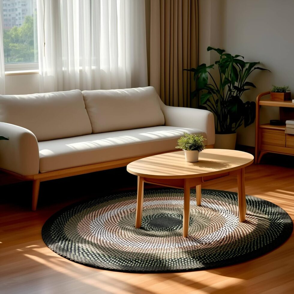Super Area Rugs Round 4' Green - Ivory Circular Braided Rug for Farmhouse/Primitive Style Kitchens and Dining Table