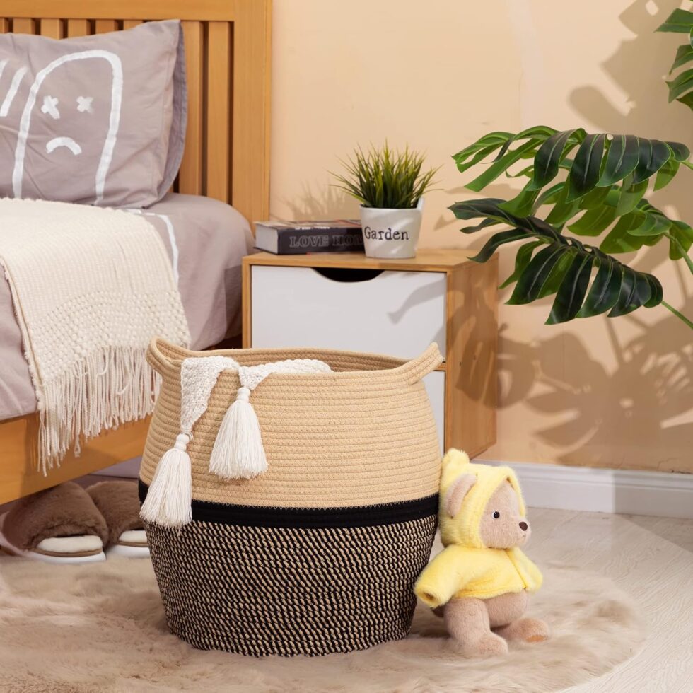 KAKAMAY Woven Baskets for Storage(17"x17"),Large Cotton Rope Woven Baby Laundry Hamper,Collapsible Laundry Basket, Blanket Basket for Organizing Living Room,Nursery,Clothes,Toy chest (Black)