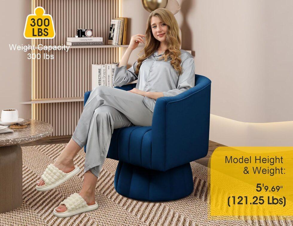 Accent Chair Mid Century 360 Degree Swivel Chair,Modern Lounge Sofa Round Barrel Chair with Wide Upholstered,Fluffy Velvet Fabric Chairs for Home Sofa Living Room/Bedroom/Waiting Room(Navy)