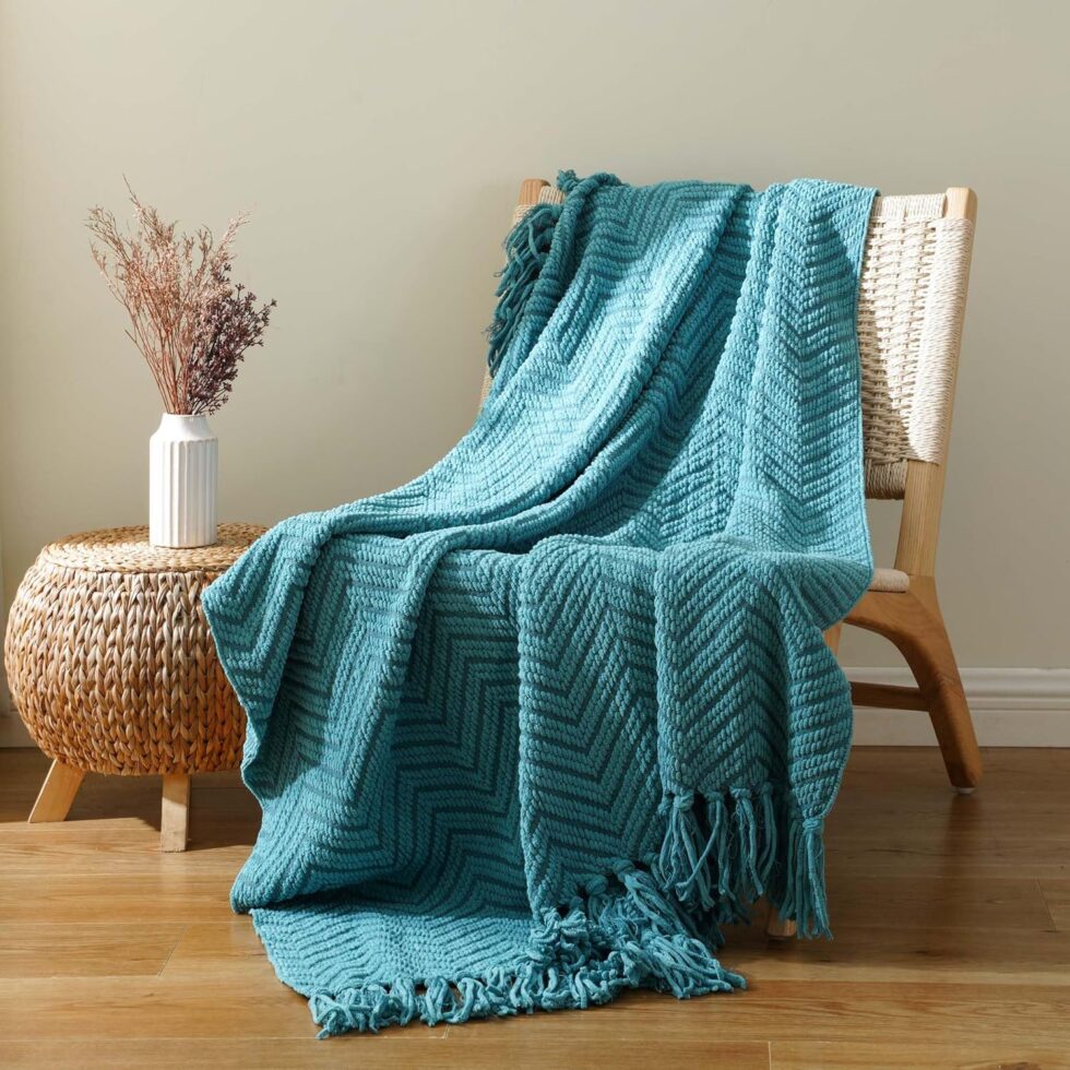 BATTILO HOME Teal Throw Blanket for Couch, Knit Woven Turquoise Blankets Versatile for Chair, Super Soft Warm Decorative Green Blanket with Tassels for Bed Sofa, 50"x60"