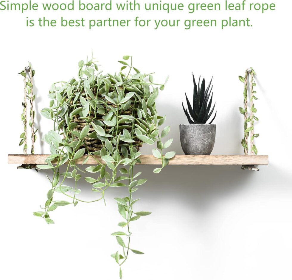 MITIME Leaf Rope Hanging Floating Shelves, Wall Swing Storage Shelf for Home Decor.17, 2-Pack (Light Color)