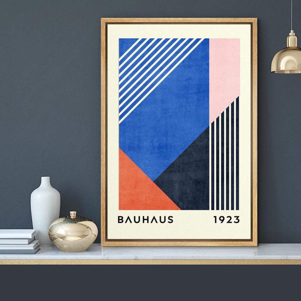 MUDECOR Framed Canvas Print Wall Art Blue Pink Orange Geometric Bauhaus Collage Abstract Shapes Illustrations Fine Art Mid-Century Modern Multicolor for Living Room, Bedroom, Office - 16"x24" Natural