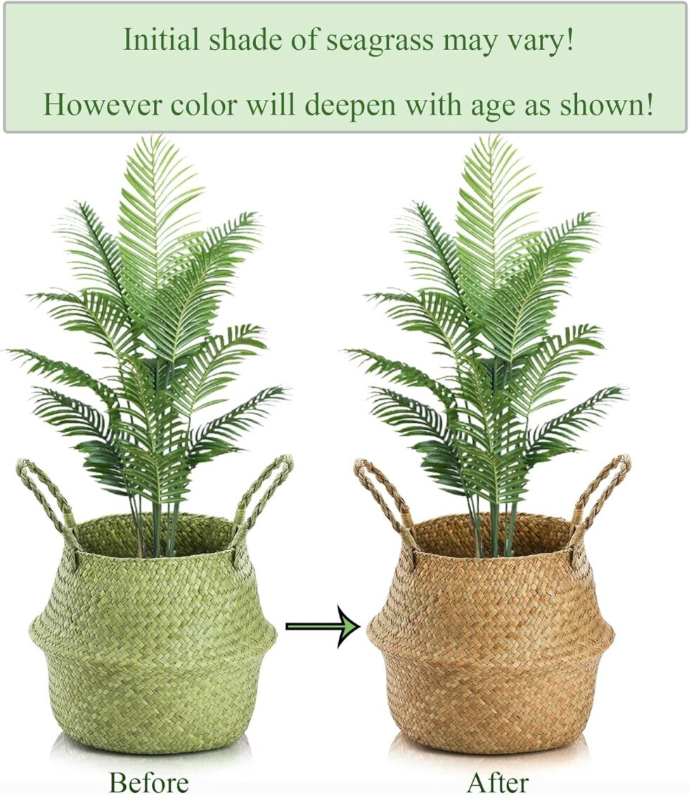 Yesland 2 Pack Woven Seagrass Plant Basket with Handles, Ideal Wicker Baskets Storage Plant Pot Baskets for Laundry, Picnic, Plant Pot Cover, Beach Bag and Grocery Basket (L)