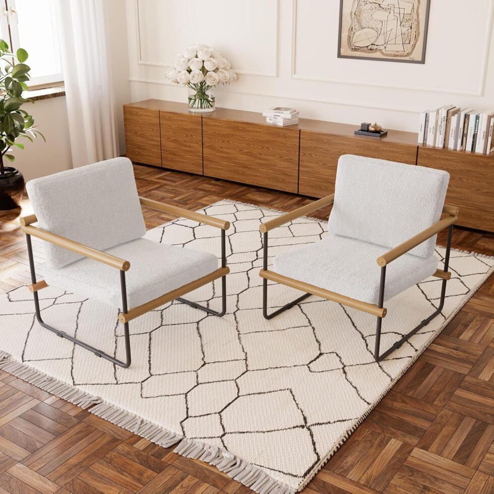 jiexi Set of 2 Boucle Fabric Accent Chair, Modern Tufted Single Sofa for Bedroom, Upholstered Reading Comfy Armchair for Living Room, Metal Frame