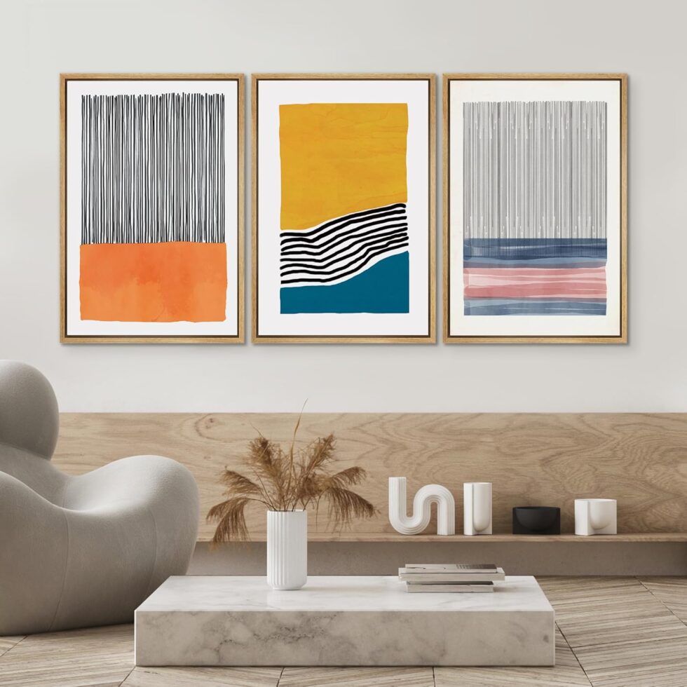 SIGNWIN Framed Wall Art Print Set Orange, Yellow, Blue & Pink Color Blocks and Lines Abstract Shapes Illustrations Modern Art Chic Relax/Calm Multicolor for Living Room, Bedroom, Office - 16"x24"x3
