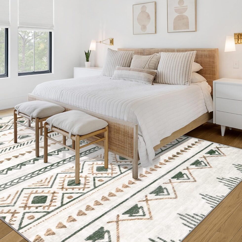 Area Rug for Living Room 6x9: Large Washable Boho Moroccan Rugs Geometric Neutral Rug, Non-Slip Foldable Morden Farmhouse Indoor Floor Carpet for Bedroom Dining Table Home(Brown Green,6'x9')