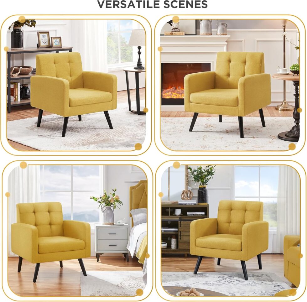 Yaheetech Mid-Century Accent Chairs, Modern Upholstered Living Room Chair, Cozy Armchair Button Tufted Back and Wood Legs for Bedroom/Office/Cafe, Yellow