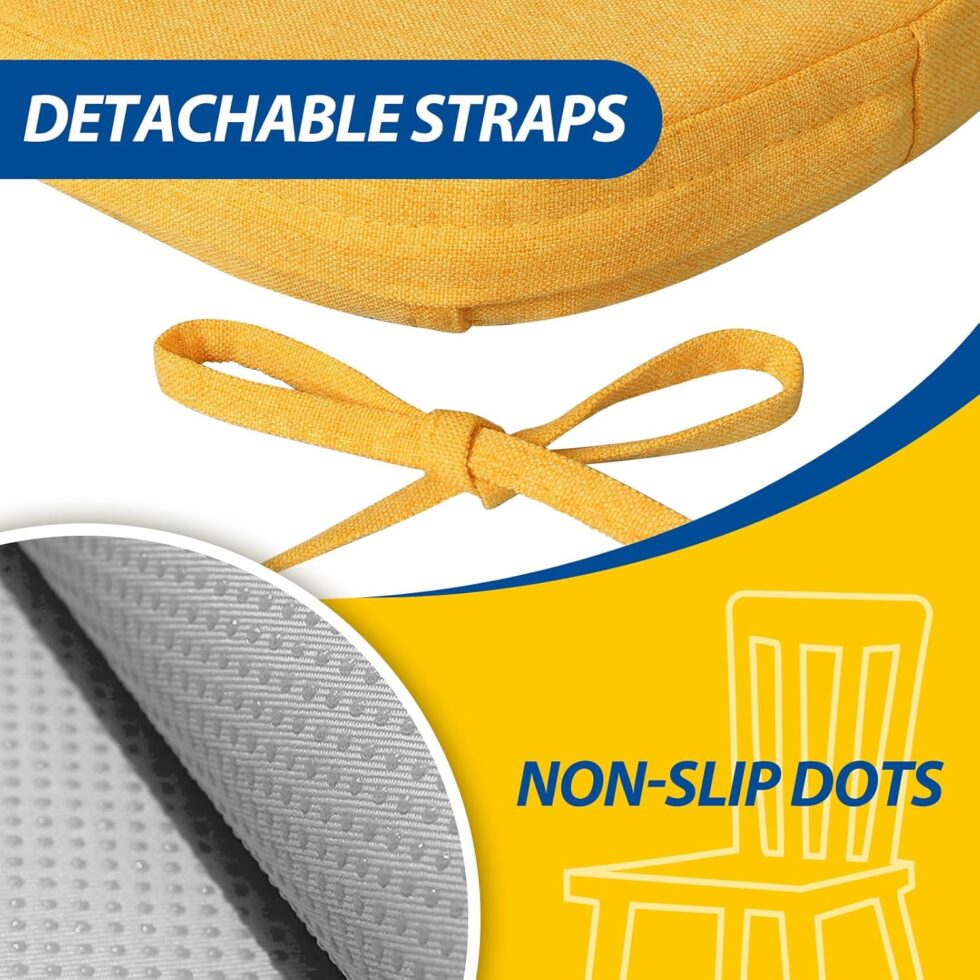 AAAAAcessories D-Shaped Chair Cushions, 2" Thick Dining Chair Pads with Ties and Removable, Machine-Washable Cover, 17" x 16", Set of 4, Golden Yellow