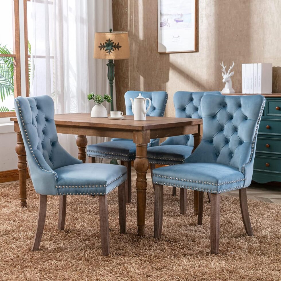 LZ LEISURE ZONE Velvet Dining Chairs Set of 2, Upholstered Accent Chairs with Button Tufted, Nailhead Trim and Back Ring Pull, Light Blue, Seat Height 20"