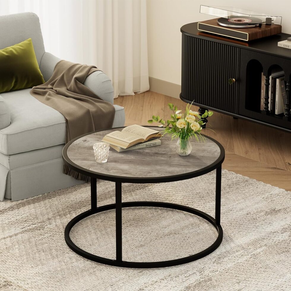 SAYGOER Small Round Coffee Table, Modern Coffee Tables for Living Room, Simple Center Table for Small Space Home Office Gardern, 27.6 × 27.6 × 17.7inch, Grey Wash