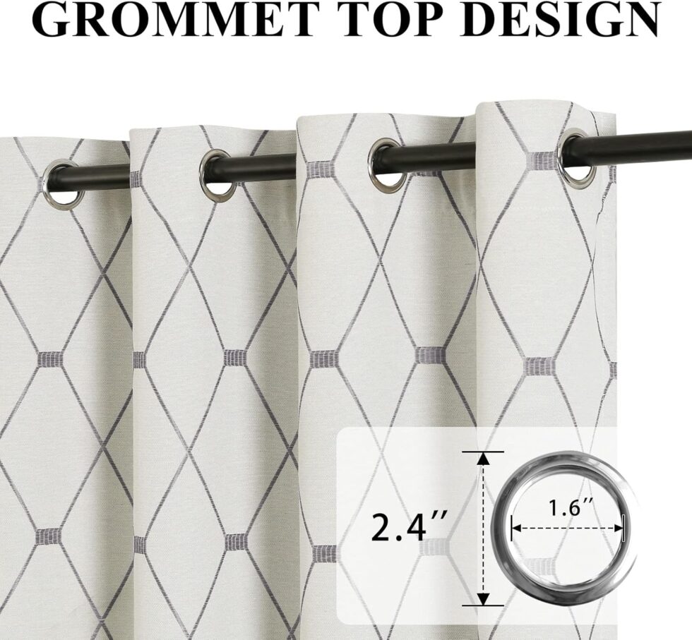 Embroidered Curtains 84 inch Length 2 Panels Set for Living Room Bedroom, Cotton Linen Textured Curtains Light Reducing Draperies Grommet Room Darkening Window Treatments, Grey Geometric Pattern