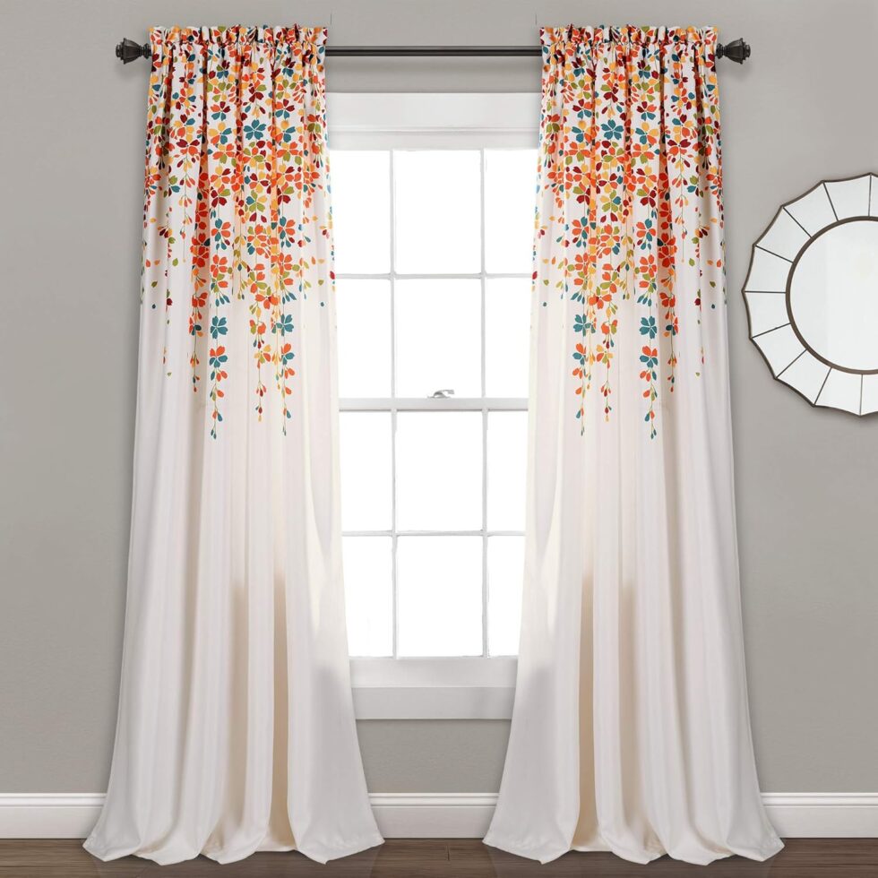 Lush Decor Weeping Flower Light Filtering Window Curtain Panels, Pair, 52"W x 84"L + 2" Header, Turquoise & Tangerine - Charming Modern Floral Curtains for Living Room, Dining Room, & Bedroom