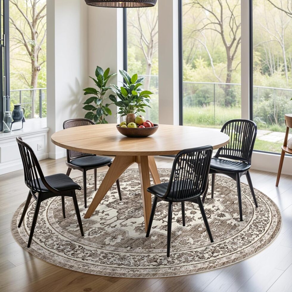 Washable Oriental Area Rug - 6ft Round Rugs for Living Room Soft Carpet for Bedroom Waterproof Floral Distressed Indoor Stain Resistant Non-Shedding Floor Carpets (Beige, 6ft-Round)