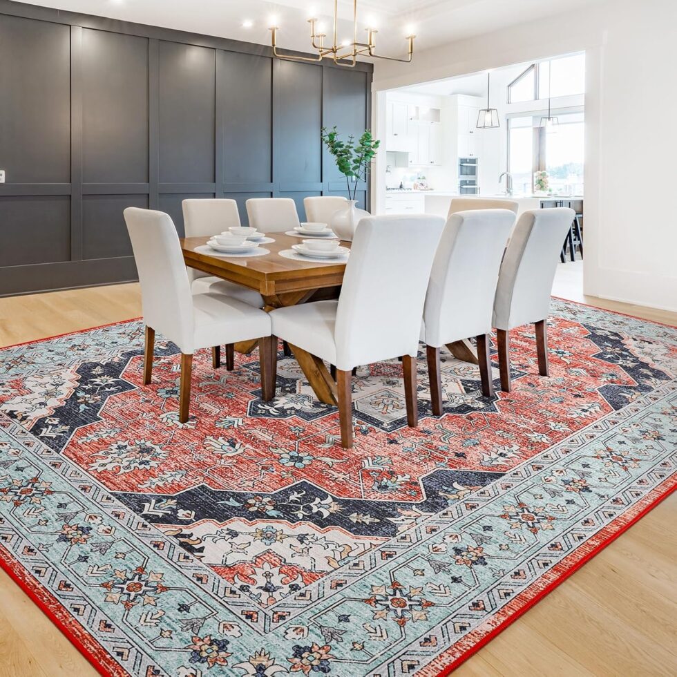 FlyDOIT Vintage Washable Area Rug, 6x9 Red Blue Floral Medallion Large Rugs for Living Room, Ultra Soft Accent Bedroom Rug, Indoor Non-SLI Throw Carpet for Entryway Dorm Kitchen Dining Room Decor