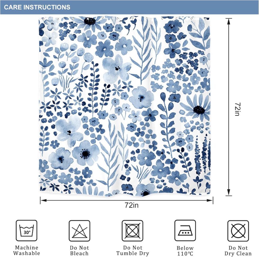 Riyidecor Navy Blue Floral Shower Curtain for Bathroom Decor 72Wx72H Wildflower Watercolor Flower Leaves Botanical Plant Spring Art Printed Fabric Polyester Waterproof 12 Pack Plastic Hooks