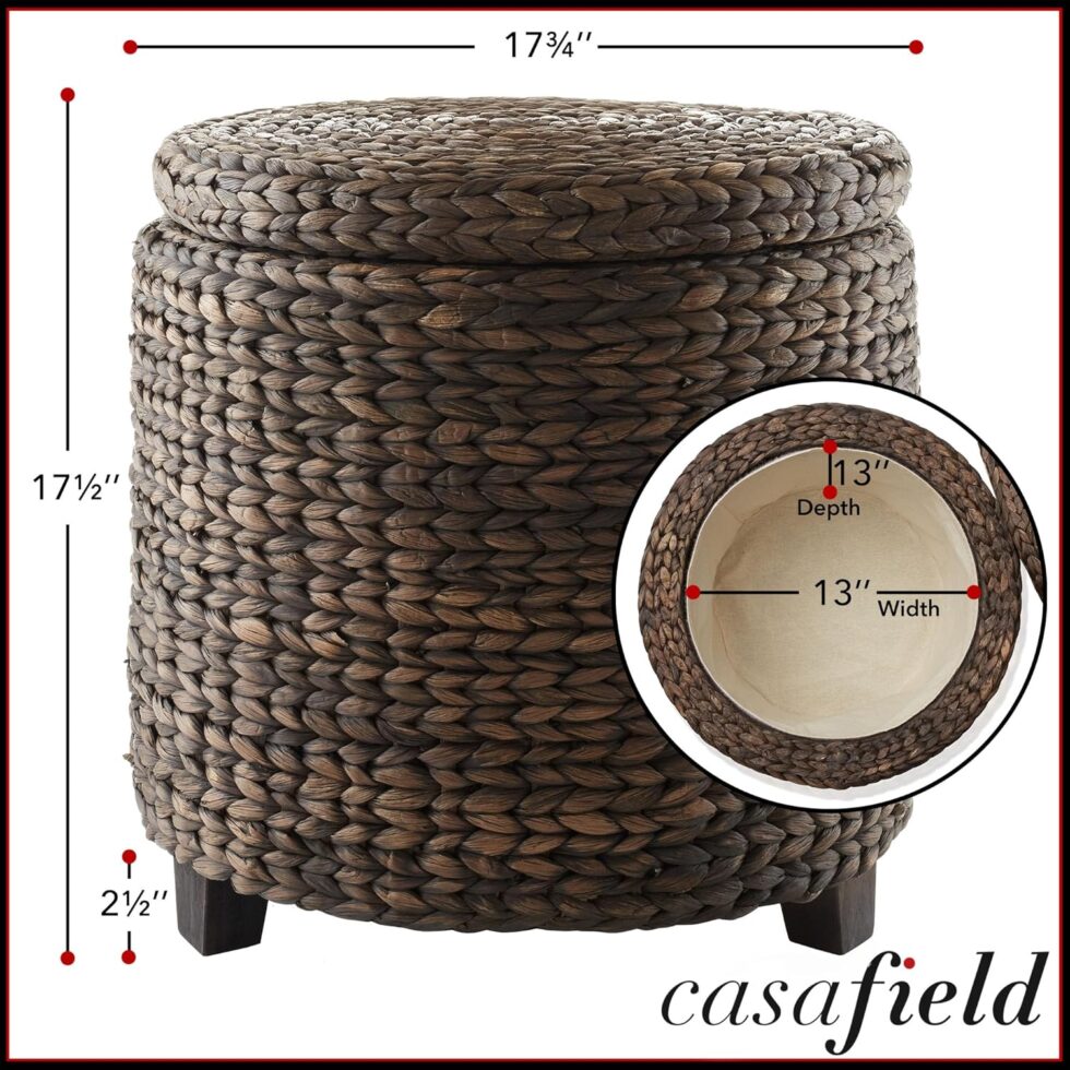 Casafield 17" Round Storage Ottoman with Lid - Espresso, Handwoven Water Hyacinth Footstool for Living Room, Bedroom, Bathroom, Home Office