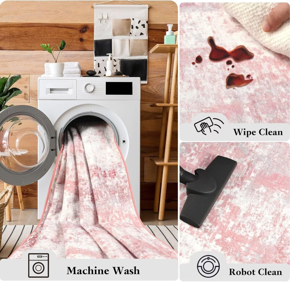 Washable Abstract Rug, 6x9 Modern Area Rugs with Non-Slip Rubber Backed for Living Room, Thin but Soft Contemporary Carpet Kitchen Bedroom Dining Room Decor, Pink