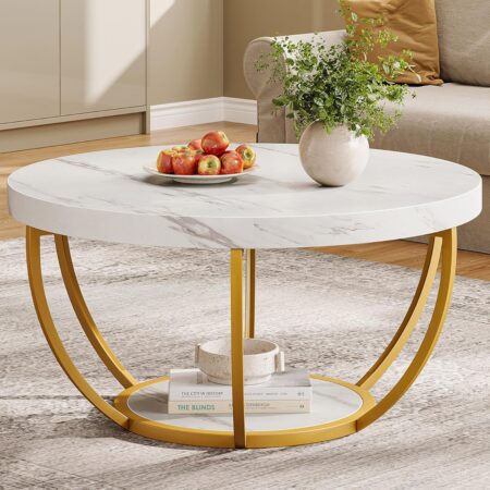 Tribesigns Modern Round Coffee Table, 2 Tier Coffee Table with Faux White Marble and Golden Metal Legs, Circle Center Table Tea Table Accent Furniture for Living Room, White and Gold