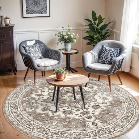 Washable Oriental Area Rug - 6ft Round Rugs for Living Room Soft Carpet for Bedroom Waterproof Floral Distressed Indoor Stain Resistant Non-Shedding Floor Carpets (Beige, 6ft-Round)