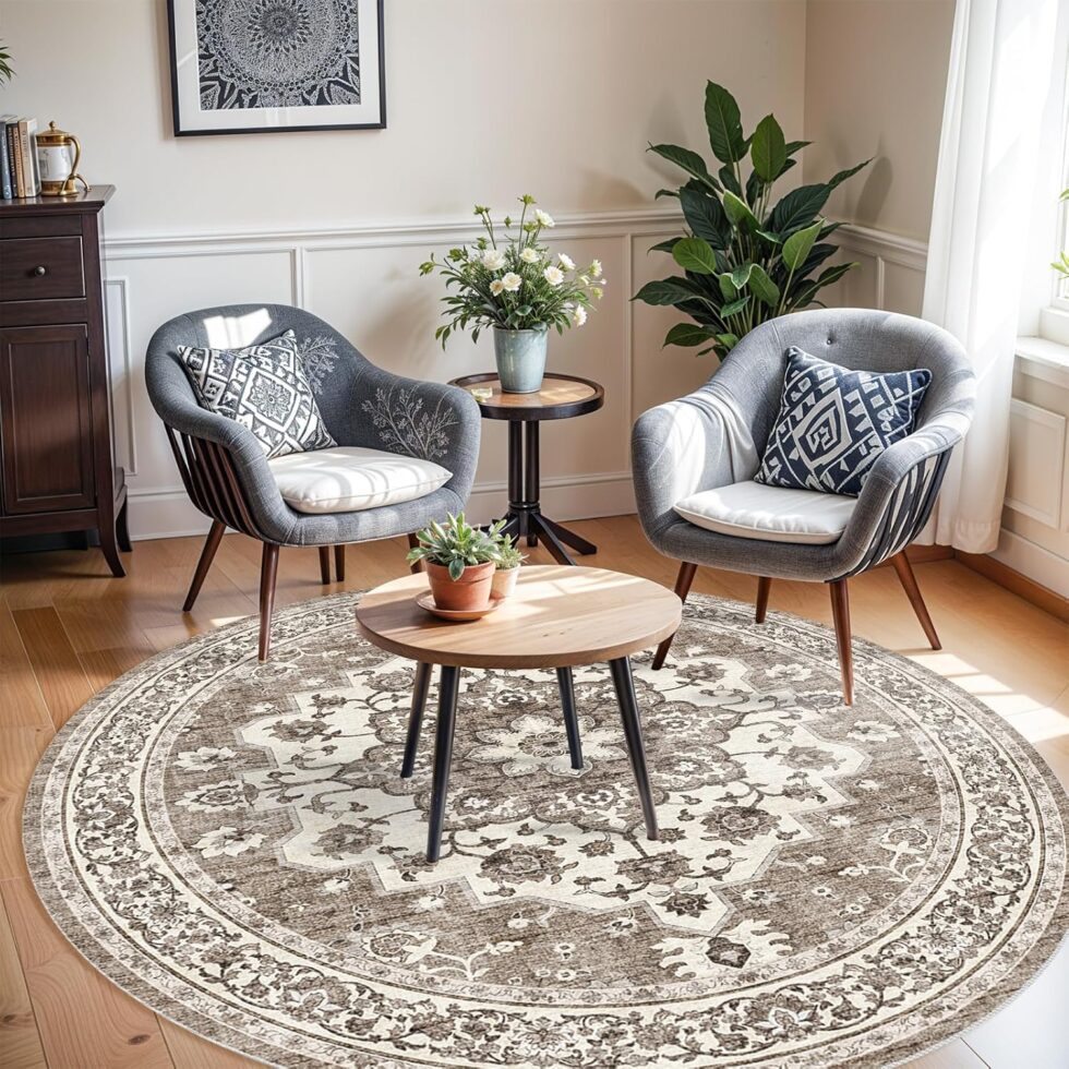 Washable Oriental Area Rug - 6ft Round Rugs for Living Room Soft Carpet for Bedroom Waterproof Floral Distressed Indoor Stain Resistant Non-Shedding Floor Carpets (Beige, 6ft-Round)