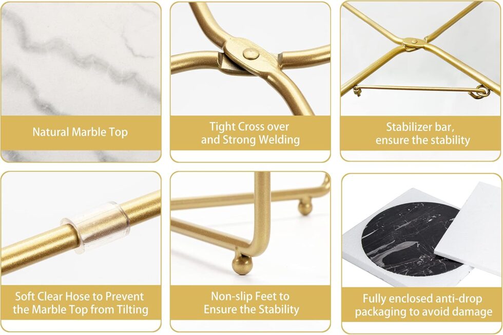 Real Marble top Gold Metal Round 15 in Side End Table with Modern Lightweiht Bedside Small Coffee Table Plant Stand for Living Room Bedroom Small Space