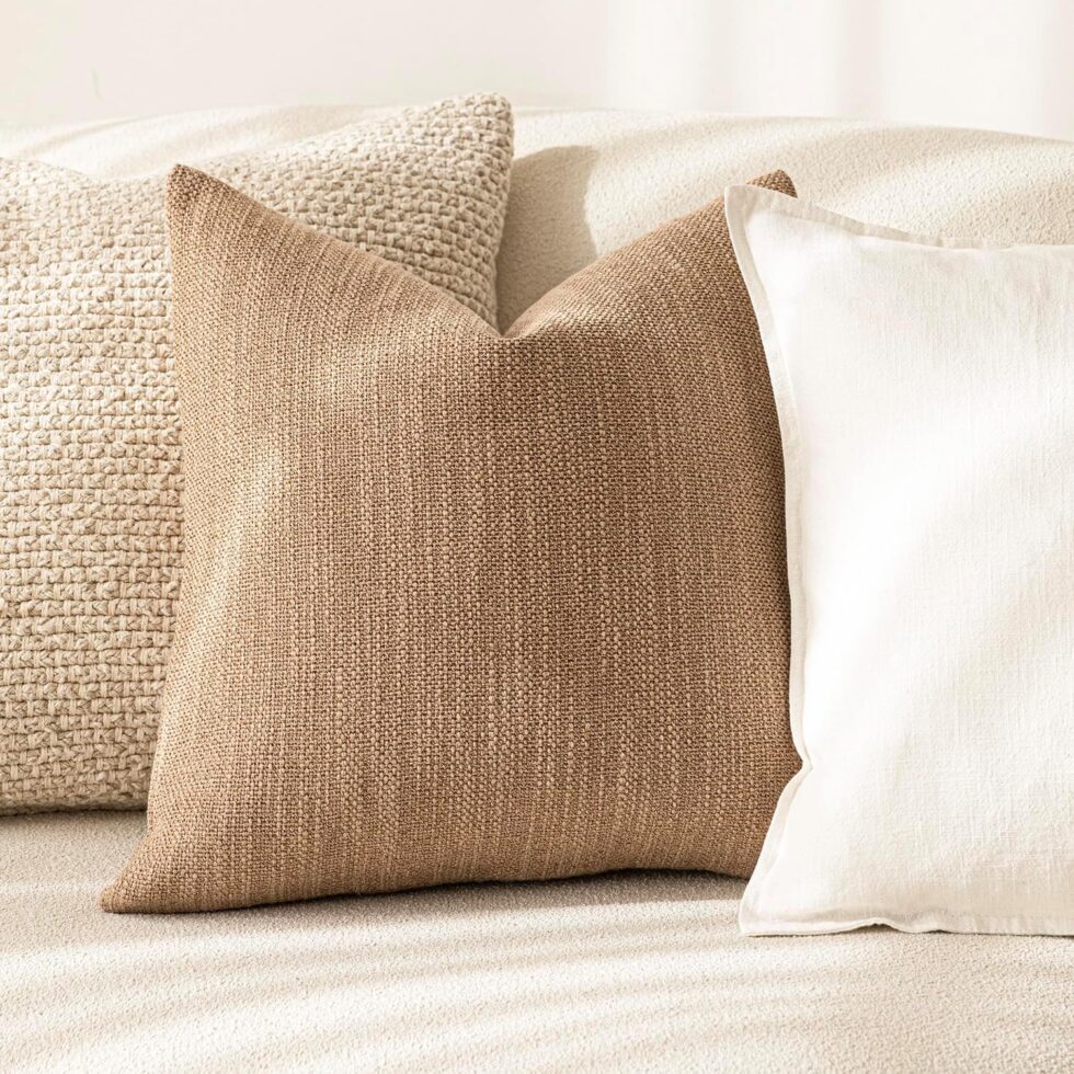 Foindtower Set of 2 Decorative Textured Burlap Linen Throw Pillow Covers Farmhouse Boho Cushion Cover Solid Accent Pillowcase for Couch Sofa Bed Living Room Home Decor,18×18 Inch,Khaki Camel