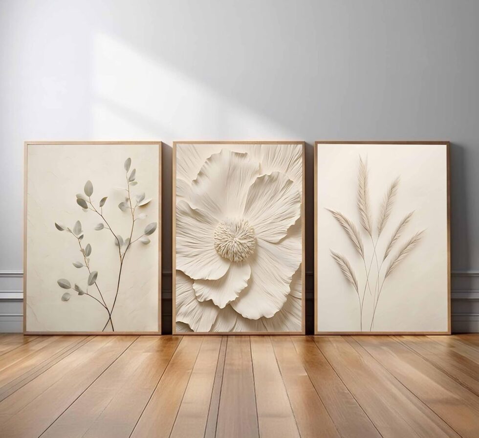 3Pcs Neutral Beige Floral Plant Canvas Wall art Textured Flower Botanical Painting Picture Wall Decor Vintage Blossom Poster Prints for Living Room Bedroom Bathroom Decoration Unframed