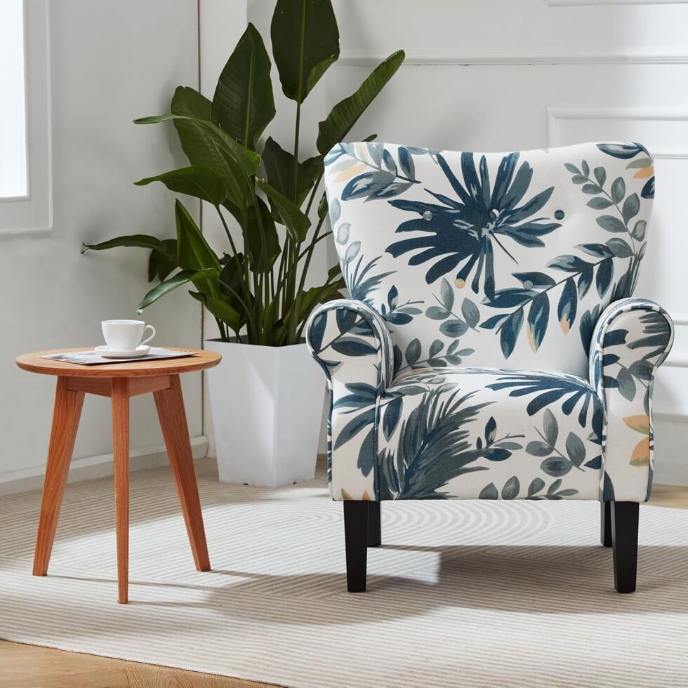 MELLCOM Mid Century Wingback Arm Chair,Modern Upholstered Fabric High Back Accent Chair with Wood Legs,Upholstered Single Sofa Club Chair for Living Room, Bedroom, Home Office, Blue Leaves