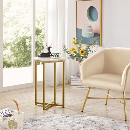 Yaheetech Round End Table Set of 2,16in Faux Marble Accent Table,Modern Side Table with Marble Top and Metal Frame,Small Coffee Table Telephone Table for Living Room/Small Space,Gold