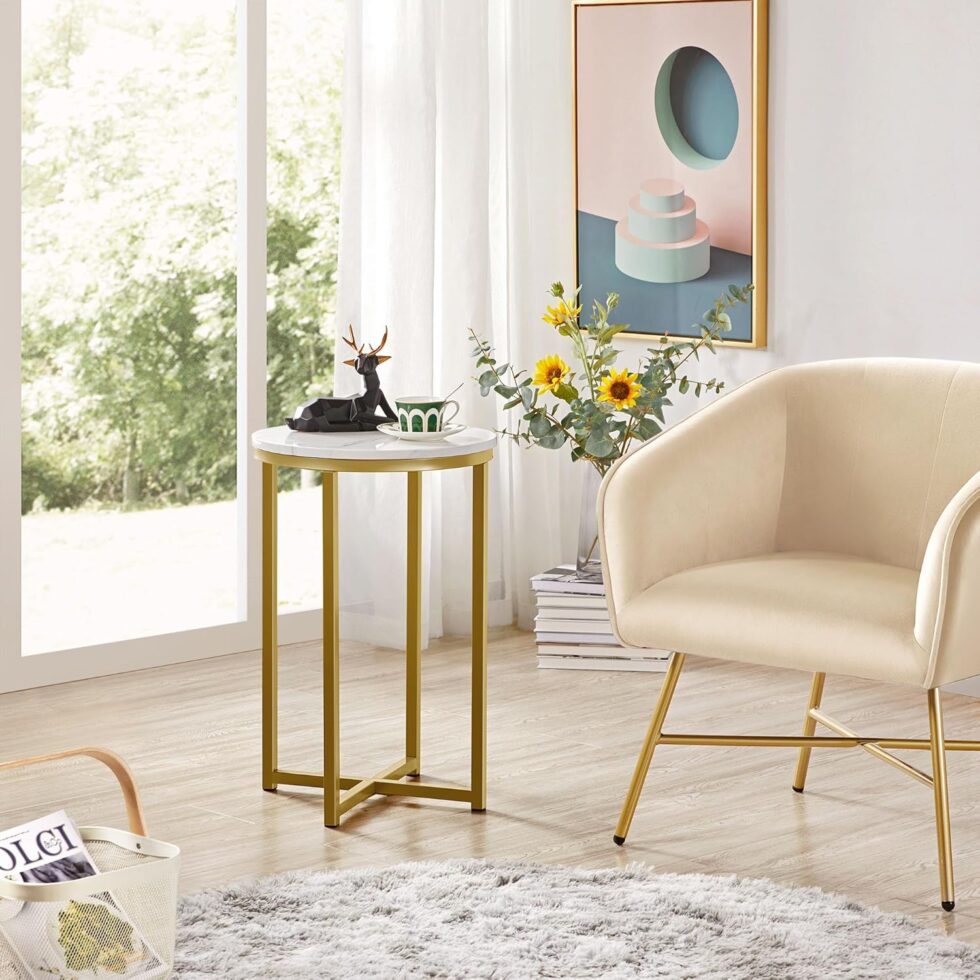 Yaheetech Round End Table Set of 2,16in Faux Marble Accent Table,Modern Side Table with Marble Top and Metal Frame,Small Coffee Table Telephone Table for Living Room/Small Space,Gold