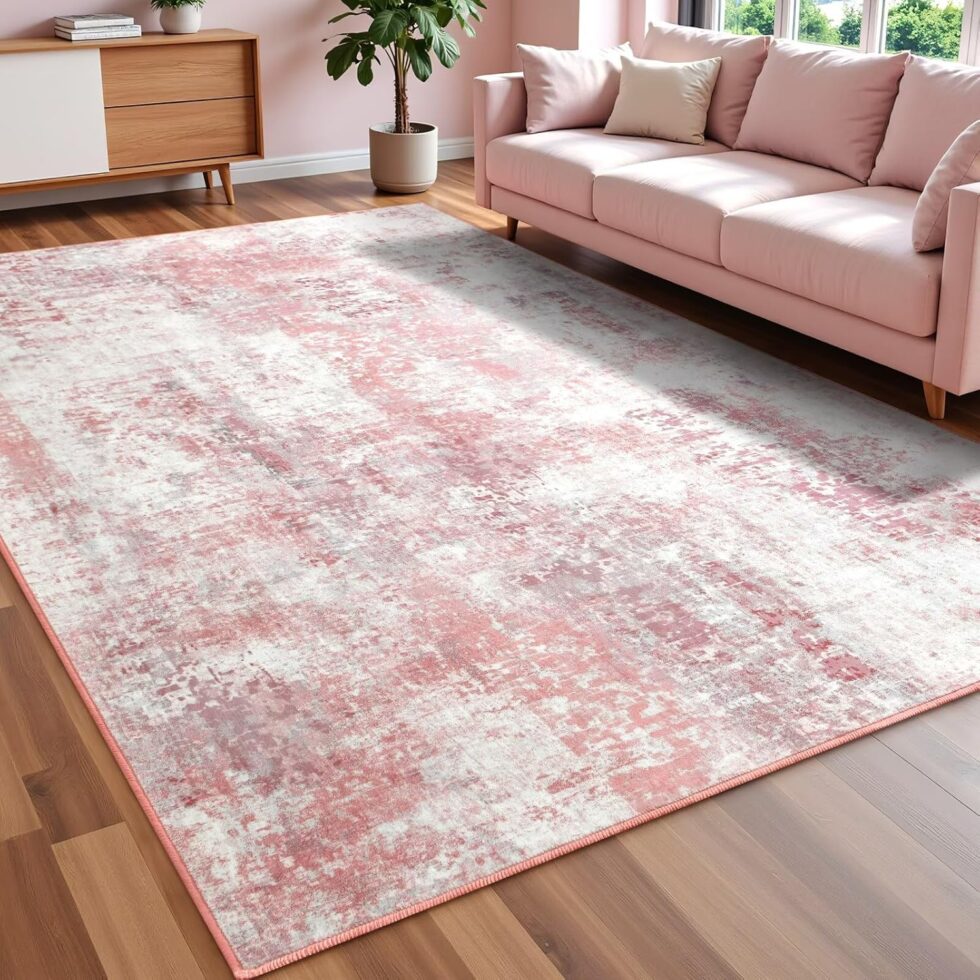 Washable Abstract Rug, 6x9 Modern Area Rugs with Non-Slip Rubber Backed for Living Room, Thin but Soft Contemporary Carpet Kitchen Bedroom Dining Room Decor, Pink