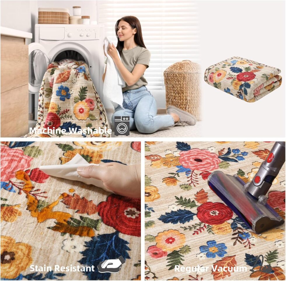 Machine Washable Area Rugs for Bedroom: 5'x7' Living Room Rug Floral Vintage Large Rug Stain Resistant Non Slip Low Pile Faux Wool Soft Rugs for Dining Room Bedside Kitchen Entryway Nursery Office