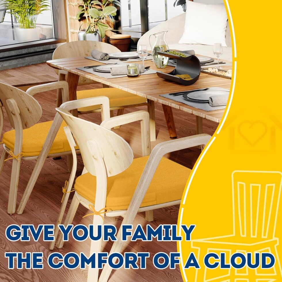 AAAAAcessories D-Shaped Chair Cushions, 2" Thick Dining Chair Pads with Ties and Removable, Machine-Washable Cover, 17" x 16", Set of 4, Golden Yellow