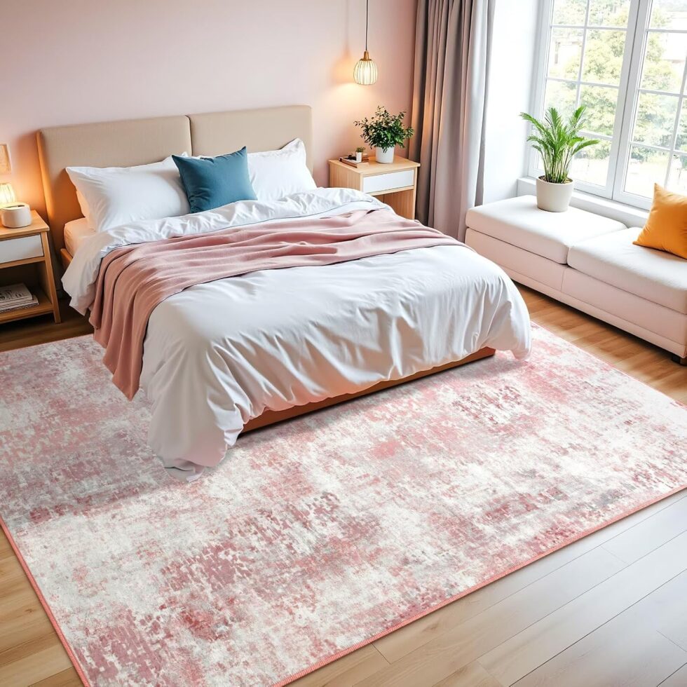 Washable Abstract Rug, 6x9 Modern Area Rugs with Non-Slip Rubber Backed for Living Room, Thin but Soft Contemporary Carpet Kitchen Bedroom Dining Room Decor, Pink