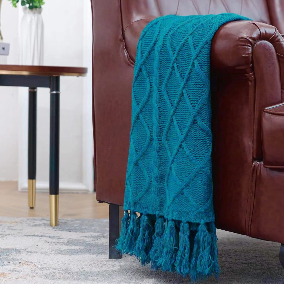 Solid Soft Cozy Cable Knitted Teal Blue Blanket Throw, Lightweight Decorative Textured Turquoise Throw Blanket with Fringes for Couch Chairs Bed Sofa, 50"x 60"